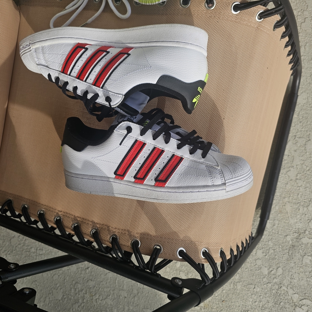 Size 11 - Adidas Superstar White with Vivid Red and  Solar Yellow